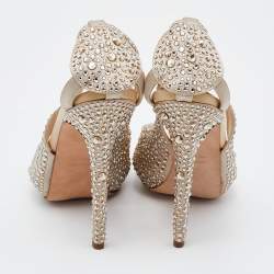 Alexander McQueen Beige Satin Crystal Embellished Peep Toe Pumps Size 38.5