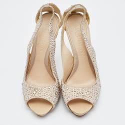 Alexander McQueen Beige Satin Crystal Embellished Peep Toe Pumps Size 38.5