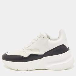 Pre Owned Alexander McQueen White/Black Leather and Mesh Oversized Runner Sneakers Size 37.5