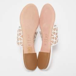 Pre Owned Alexander McQueen White/Beige Laser Cut Leather and Suede Toe Ring Flat Sandals Size 38.5