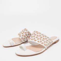 Pre Owned Alexander McQueen White/Beige Laser Cut Leather and Suede Toe Ring Flat Sandals Size 38.5