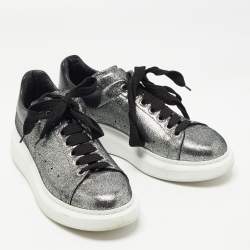 Pre Owned Alexander McQueen Metallic Grey/Black Laminated Suede and Leather Oversized Sneakers Size 40