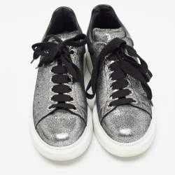 Pre Owned Alexander McQueen Metallic Grey/Black Laminated Suede and Leather Oversized Sneakers Size 40