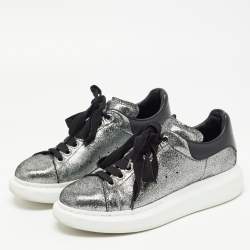 Pre Owned Alexander McQueen Metallic Grey/Black Laminated Suede and Leather Oversized Sneakers Size 40