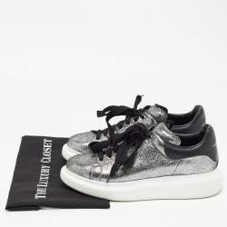 Pre Owned Alexander McQueen Metallic Grey/Black Laminated Suede and Leather Oversized Sneakers Size 40