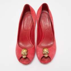 Alexander McQueen Red Suede Skull Peep Toe Pumps Size 37