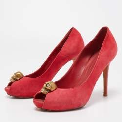 Alexander McQueen Red Suede Skull Peep Toe Pumps Size 37