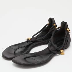 Alexander McQueen Black Leather Skull Embellished Thong Flat Sandals Size 39