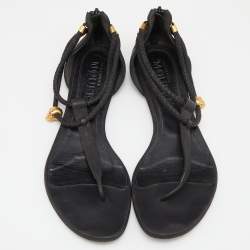 Alexander McQueen Black Leather Skull Embellished Thong Flat Sandals Size 39