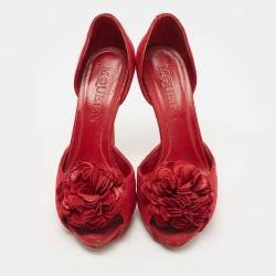 Alexander McQueen Red Laminated Suede Floral Applique D'orsay Pumps Size 38.5