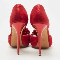 Alexander McQueen Red Laminated Suede Floral Applique D'orsay Pumps Size 38.5