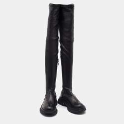 Pre Owned Alexander McQueen Black Leather Over The Knee Boots Size 38.5
