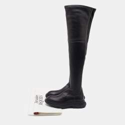 Pre Owned Alexander McQueen Black Leather Over The Knee Boots Size 38.5