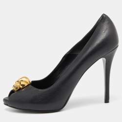 Pre Owned Alexander McQueen Black Leather Crystal Embellished Skull Peep Toe Pumps Size 37.5