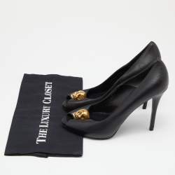 Pre Owned Alexander McQueen Black Leather Crystal Embellished Skull Peep Toe Pumps Size 37.5