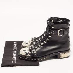 Pre Owned Alexander McQueen Black Studded Leather Cap Toe Ankle Boots Size 38