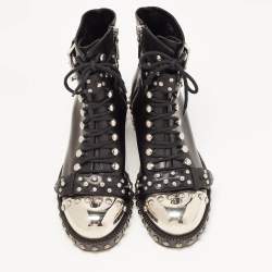 Pre Owned Alexander McQueen Black Studded Leather Cap Toe Ankle Boots Size 38