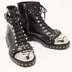 Pre Owned Alexander McQueen Black Studded Leather Cap Toe Ankle Boots Size 38