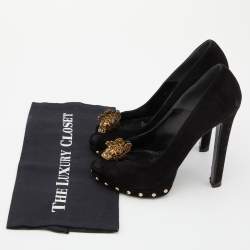 Pre Owned Alexander McQueen Black Suede Crystal Embellished Skull Peep Toe Platform Pumps Size 39