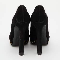 Pre Owned Alexander McQueen Black Suede Crystal Embellished Skull Peep Toe Platform Pumps Size 39