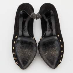 Pre Owned Alexander McQueen Black Suede Crystal Embellished Skull Peep Toe Platform Pumps Size 39