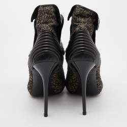 Pre Owned Alexander McQueen Grey/Black Fabric and Leather Faithful Skull Peep Toe Platform Booties Size 40