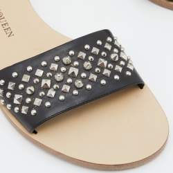 Pre Owned Jimmy Choo Black Leather Studded Flat Slides Size 38