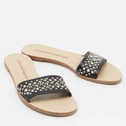 Pre Owned Jimmy Choo Black Leather Studded Flat Slides Size 38