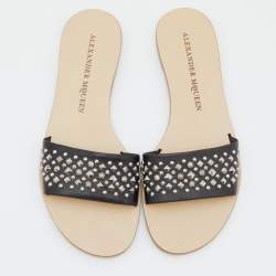 Pre Owned Jimmy Choo Black Leather Studded Flat Slides Size 38