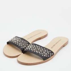 Pre Owned Jimmy Choo Black Leather Studded Flat Slides Size 38