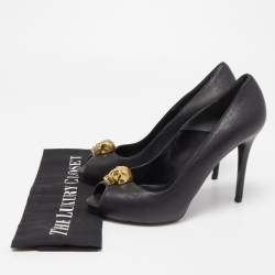 Pre Owned Alexander McQueen Black Leather Skull Platform Peep Toe Pumps Size 39