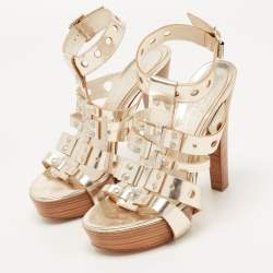 Pre Owned Alexander McQueen Gold Laser Cut Leather Strappy Platform Sandals Size 39