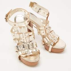 Pre Owned Alexander McQueen Gold Laser Cut Leather Strappy Platform Sandals Size 39