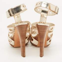 Pre Owned Alexander McQueen Gold Laser Cut Leather Strappy Platform Sandals Size 39