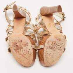 Pre Owned Alexander McQueen Gold Laser Cut Leather Strappy Platform Sandals Size 39