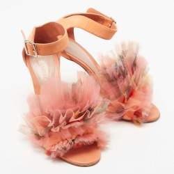 Pre Owned Alexander McQueen Orange Suede Flower Detail Ankle Strap Sandals Size 38