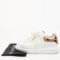 Pre Owned Alexander McQueen White Leather And Leopard Print Pony Hair Low Top Sneakers Size 38