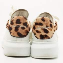 Pre Owned Alexander McQueen White Leather And Leopard Print Pony Hair Low Top Sneakers Size 38