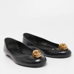 مملوكة مسبقًا Alexander McQueen Black Lizard Embossed Leather Skull City Ballet Flats Size 37.5
