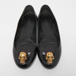 مملوكة مسبقًا Alexander McQueen Black Lizard Embossed Leather Skull City Ballet Flats Size 37.5