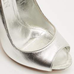 Pre Owned Alexander McQueen Silver Leather Fringe Embellished Peep Toe Pumps Size 38