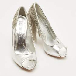 Pre Owned Alexander McQueen Silver Leather Fringe Embellished Peep Toe Pumps Size 38