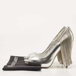 Pre Owned Alexander McQueen Silver Leather Fringe Embellished Peep Toe Pumps Size 38