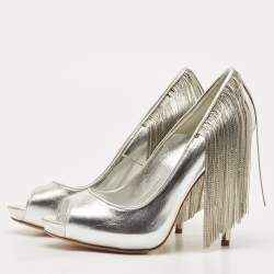 Pre Owned Alexander McQueen Silver Leather Fringe Embellished Peep Toe Pumps Size 38
