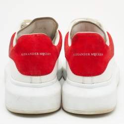 Pre Owned Alexander McQueen White/Red Leather and Suede Oversized Low Top Sneakers Size 38