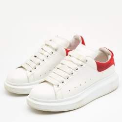 Pre Owned Alexander McQueen White/Red Leather and Suede Oversized Low Top Sneakers Size 38