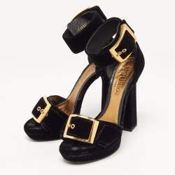 Pre Owned Alexander McQueen Black Velvet Buckle Platform Ankle Strap Sandals Size 39