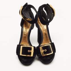 Pre Owned Alexander McQueen Black Velvet Buckle Platform Ankle Strap Sandals Size 39