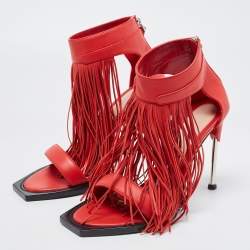 Pre Owned Alexander McQueen Red Leather Fringed Ankle Strap Sandals Size 38.5