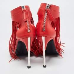 Pre Owned Alexander McQueen Red Leather Fringed Ankle Strap Sandals Size 38.5